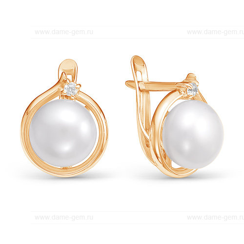 Серьги из красного золота с белыми жемчужинами 9,5-10 мм. Артикул 12851