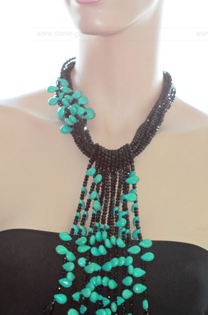 Колье-галстук из черного агата и бирюзы. Артикул 12327