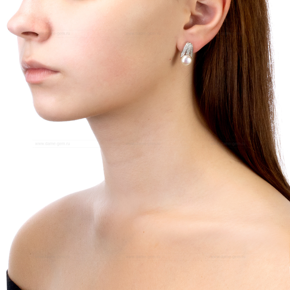 Серьги из серебра с белыми жемчужинами 8-8,5 мм. Артикул 11365